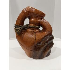 Vintage Leather Wrapped Abstract Sculpture Vase Jug Vessel With Rope Accent 13”